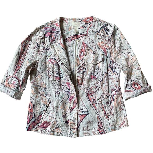 Chico’s Linen Paisley Jacket M | Boho Zip Shirt Shacket, Coral Pink, MSRP $200 - Picture 1 of 6